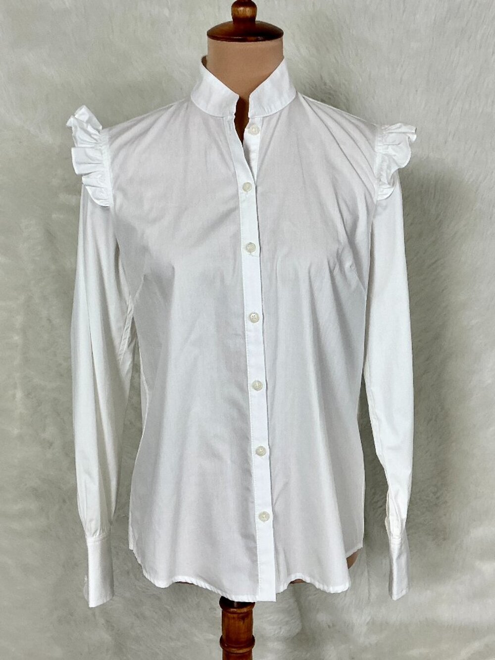 Peruvian Connection White Ruffle Shoulder Long Sleeve Sigourney Shirt NWT XS
